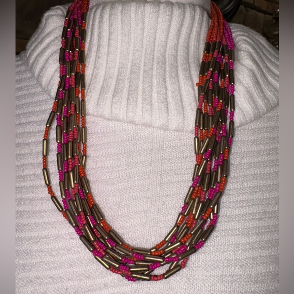 MULTICOLORED MULTI STRANDS RED & PINK NECKLACE GOLD HARDWARE ADJUSTABLE CHAIN